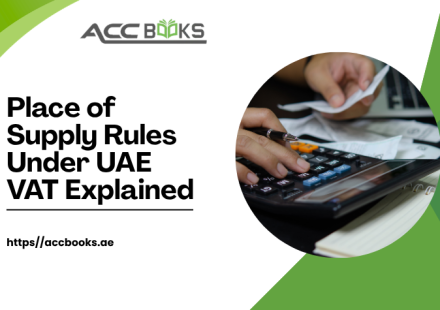 A detailed illustration showing a world map with two distinct highlighted regions—the UAE marked in gold and an international zone marked in blue. Arrows and dotted lines connect a business seller on one side to a customer on the other, with a magnifying glass zooming in on the transaction pathway. A digital tablet displays a decision-tree flowchart with questions like "Is the customer a business (B2B) or consumer (B2C)?" and "Is the supply of goods or services?", guiding the viewer through the Place of Supply Rules.