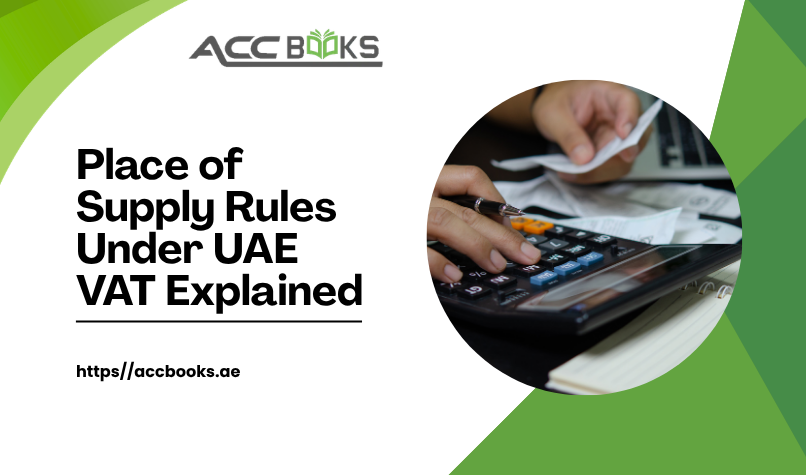 A detailed illustration showing a world map with two distinct highlighted regions—the UAE marked in gold and an international zone marked in blue. Arrows and dotted lines connect a business seller on one side to a customer on the other, with a magnifying glass zooming in on the transaction pathway. A digital tablet displays a decision-tree flowchart with questions like "Is the customer a business (B2B) or consumer (B2C)?" and "Is the supply of goods or services?", guiding the viewer through the Place of Supply Rules.