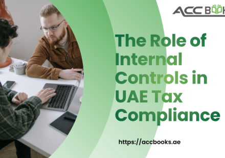 A professional business environment showing a senior finance executive and a compliance officer standing before a large digital board displaying a comprehensive flowchart of financial processes. The flowchart includes labeled nodes such as "Data Verification," "Approval Workflows," "Audit Trails," and "FTA Reporting," all interconnected by glowing lines that symbolize a robust system of Internal Controls. A shield with a UAE flag pattern is prominently displayed on the board, representing tax compliance and protection against penalties. Checklists, documents, and a magnifying glass are visible on the desk beside them, reinforcing the theme of meticulous review and governance.