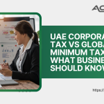 A split-screen illustration comparing two distinct tax environments. On the left side, a UAE flag and a modern Dubai skyline with a golden 9% corporate tax rate badge, symbolizing the competitive UAE Corporate Tax regime. On the right side, a globe with interconnected financial networks and a large 15% badge representing the OECD's Global Minimum Tax initiative (Pillar Two). A central pivot or scale balances the two sides, with a business leader standing between them, examining a comparison chart. Arrows and data streams flow across the divide, emphasizing the need for multinational enterprises to navigate both frameworks simultaneously.