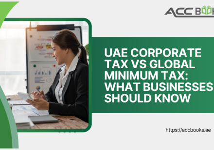 A split-screen illustration comparing two distinct tax environments. On the left side, a UAE flag and a modern Dubai skyline with a golden 9% corporate tax rate badge, symbolizing the competitive UAE Corporate Tax regime. On the right side, a globe with interconnected financial networks and a large 15% badge representing the OECD's Global Minimum Tax initiative (Pillar Two). A central pivot or scale balances the two sides, with a business leader standing between them, examining a comparison chart. Arrows and data streams flow across the divide, emphasizing the need for multinational enterprises to navigate both frameworks simultaneously.