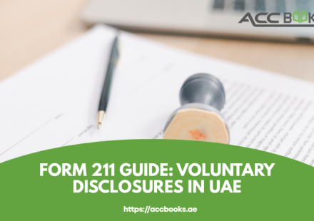 A professional hand holding a pen, carefully filling out an official UAE tax form labeled "Form 211 – Voluntary Disclosure" on a polished wooden desk. Beside the form, a calculator, a digital tablet showing the EmaraTax portal, and a folder marked "Supporting Documents" are neatly arranged. A glowing green checkmark and the word "COMPLIANCE" are displayed on the tablet screen, symbolizing the positive outcome of a successful submission. In the background, a large clock shows the current time, reinforcing the importance of proactive action, while the UAE flag is subtly visible through a window, grounding the image in the local regulatory context. The form includes visible fields for "Tax Period," "Error Description," and "Amount Due," clearly illustrating the key components of a Voluntary Disclosures submission under UAE tax law.