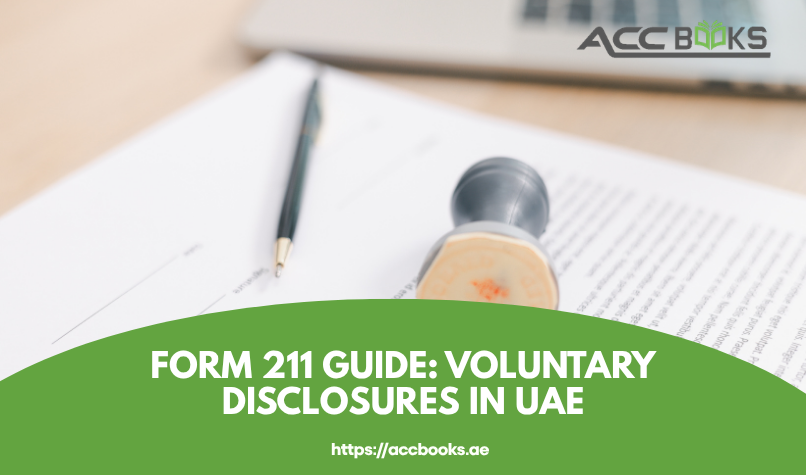 A professional hand holding a pen, carefully filling out an official UAE tax form labeled "Form 211 – Voluntary Disclosure" on a polished wooden desk. Beside the form, a calculator, a digital tablet showing the EmaraTax portal, and a folder marked "Supporting Documents" are neatly arranged. A glowing green checkmark and the word "COMPLIANCE" are displayed on the tablet screen, symbolizing the positive outcome of a successful submission. In the background, a large clock shows the current time, reinforcing the importance of proactive action, while the UAE flag is subtly visible through a window, grounding the image in the local regulatory context. The form includes visible fields for "Tax Period," "Error Description," and "Amount Due," clearly illustrating the key components of a Voluntary Disclosures submission under UAE tax law.