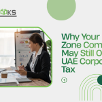 A thought-provoking illustration showing a free zone business complex with a large question mark hovering above it, partially obscured by a shadow representing corporate tax calculations. A professional holding a document labeled "Qualifying Income" stands beside a checklist with two columns: "Qualifying Free Zone Person" requirements on one side and "Excluded Activities" on the other. A UAE flag and a tax calculator are positioned in the foreground, while arrows connect the free zone entity to mainland transactions, symbolizing the scenarios where Zone Companies may lose their 0% corporate tax benefit. A red warning banner at the bottom reads "Mainland Transactions Matter," emphasizing the compliance risks.