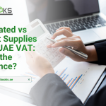 A split-screen comparison illustration with two distinct columns labeled "Zero-Rated" and "Exempt" under a UAE VAT header. On the left side (Zero-Rated), a green checkmark and the 0% VAT badge appear alongside icons representing exports, international transportation, and educational supplies. An arrow shows input tax being fully recoverable, with coins flowing back to the business. On the right side (Exempt), a red cross mark appears with icons representing residential real estate, local passenger transport, and certain financial services. A broken arrow indicates that input tax is not recoverable, with coins falling into a blocked box. A business professional stands between the two columns, scratching their head in confusion, while a magnifying glass highlights the key differences between Zero-Rated vs Exempt supplies under UAE VAT law.
