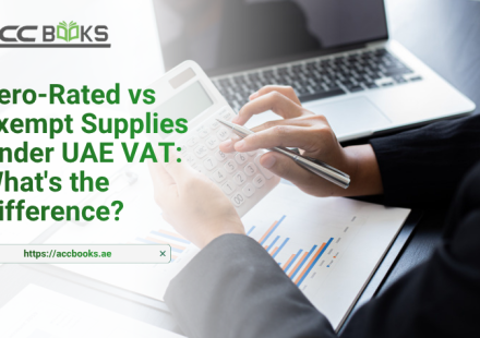 A split-screen comparison illustration with two distinct columns labeled "Zero-Rated" and "Exempt" under a UAE VAT header. On the left side (Zero-Rated), a green checkmark and the 0% VAT badge appear alongside icons representing exports, international transportation, and educational supplies. An arrow shows input tax being fully recoverable, with coins flowing back to the business. On the right side (Exempt), a red cross mark appears with icons representing residential real estate, local passenger transport, and certain financial services. A broken arrow indicates that input tax is not recoverable, with coins falling into a blocked box. A business professional stands between the two columns, scratching their head in confusion, while a magnifying glass highlights the key differences between Zero-Rated vs Exempt supplies under UAE VAT law.