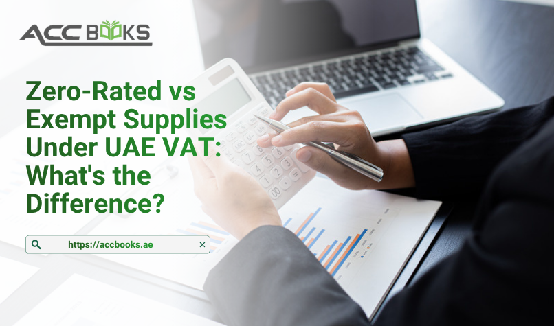 Zero-Rated vs Exempt Supplies Under UAE VAT: What’s the Difference? A split-screen comparison illustration with two distinct columns labeled "Zero-Rated" and "Exempt" under a UAE VAT header. On the left side (Zero-Rated), a green checkmark and the 0% VAT badge appear alongside icons representing exports, international transportation, and educational supplies. An arrow shows input tax being fully recoverable, with coins flowing back to the business. On the right side (Exempt), a red cross mark appears with icons representing residential real estate, local passenger transport, and certain financial services. A broken arrow indicates that input tax is not recoverable, with coins falling into a blocked box. A business professional stands between the two columns, scratching their head in confusion, while a magnifying glass highlights the key differences between Zero-Rated vs Exempt supplies under UAE VAT law.
