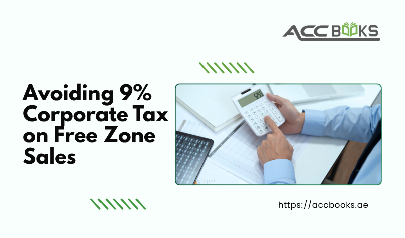 Avoiding 9% Corporate Tax on Free Zone Sales A detailed split-scenario illustration set within a modern UAE free zone. On the left, a free zone company ships goods to an overseas customer via a cargo plane, with a green "0% Qualifying Income" badge confirming tax-free treatment of these Free Zone Sales. On the right, the same company sells identical goods into mainland UAE, represented by a delivery truck crossing a marked boundary line, with a red "9% Corporate Tax" badge appearing.