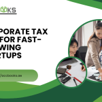 A dynamic illustration of a young startup team gathered around a glass table in a modern co-working space, reviewing a large tablet that displays a "Corporate Tax Tips" checklist with icons for registration, record-keeping, and deadlines. A glowing upward-trending growth chart rises behind them, symbolizing rapid business expansion, while a floating lightbulb and shield icons represent smart tax planning and compliance. In the foreground, a document labeled "UAE Corporate Tax Guide" lies open beside a calculator and a coffee cup, emphasizing the practical, everyday application of Tax Tips for fast-growing startups operating under the UAE Corporate Tax regime.