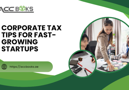 A dynamic illustration of a young startup team gathered around a glass table in a modern co-working space, reviewing a large tablet that displays a "Corporate Tax Tips" checklist with icons for registration, record-keeping, and deadlines. A glowing upward-trending growth chart rises behind them, symbolizing rapid business expansion, while a floating lightbulb and shield icons represent smart tax planning and compliance. In the foreground, a document labeled "UAE Corporate Tax Guide" lies open beside a calculator and a coffee cup, emphasizing the practical, everyday application of Tax Tips for fast-growing startups operating under the UAE Corporate Tax regime.