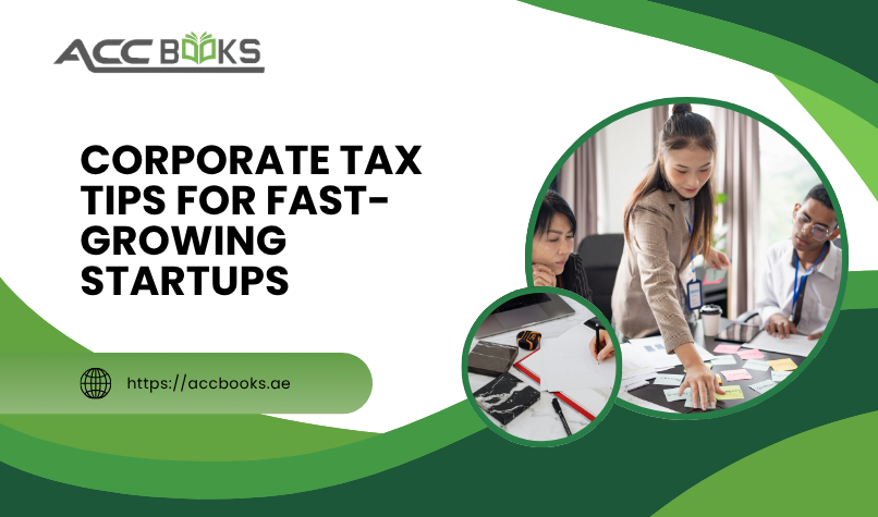 A dynamic illustration of a young startup team gathered around a glass table in a modern co-working space, reviewing a large tablet that displays a "Corporate Tax Tips" checklist with icons for registration, record-keeping, and deadlines. A glowing upward-trending growth chart rises behind them, symbolizing rapid business expansion, while a floating lightbulb and shield icons represent smart tax planning and compliance. In the foreground, a document labeled "UAE Corporate Tax Guide" lies open beside a calculator and a coffee cup, emphasizing the practical, everyday application of Tax Tips for fast-growing startups operating under the UAE Corporate Tax regime.