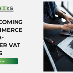 A dynamic illustration of a globe with glowing digital arrows connecting a UAE-based e-commerce warehouse to customers across multiple countries, including the UK, EU, and Saudi Arabia. A laptop screen displays an online shopping cart with a "Checkout" button showing multiple VAT rates and currency symbols, symbolizing the complexity of Cross-Border VAT. A magnifying glass hovers over a shipping box labeled "Export," while a compliance officer reviews a checklist titled "Place of Supply, Thresholds & Registrations." Currency icons and tax rate badges float around the globe, and the UAE flag is positioned prominently in the foreground, reinforcing the local perspective on international e-commerce tax challenges.