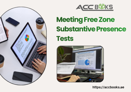 Infographic showing the key requirements for meeting free zone substantive presence tests, including adequate employees, operating expenditure, physical assets, and core income-generating activities in the UAE.