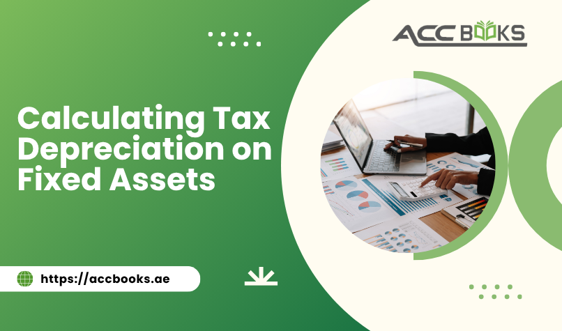 Accountant calculating tax depreciation on fixed assets using a laptop, calculator, and asset register spreadsheet with UAE corporate tax guidelines