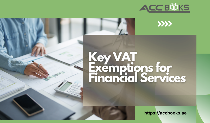 Infographic showing key VAT exemptions for financial services including margin-based products, Islamic finance, and fund management under UAE VAT law