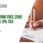 A modern infographic-style illustration showing a sleek glass office building located within a designated UAE free zone, marked with a prominent "0% Corporate Tax" badge. A qualified Free Zone Person—a professional businesswoman in a suit—stands confidently at the entrance, holding a document labeled "Qualifying Income."