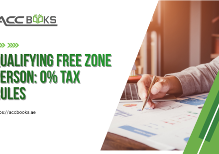 A modern infographic-style illustration showing a sleek glass office building located within a designated UAE free zone, marked with a prominent "0% Corporate Tax" badge. A qualified Free Zone Person—a professional businesswoman in a suit—stands confidently at the entrance, holding a document labeled "Qualifying Income."