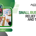 A balanced scale illustration comparing two options for small businesses under UAE Corporate Tax. On the left side of the scale, a golden badge reads "Small Business Relief – Revenue Under AED 3 Million," with icons representing simplified compliance and reduced administrative burden. On the right side, a heavier weight labeled "Lost Deductions & Carry-Forward Benefits" represents the trade-offs of electing relief. A business owner stands beside the scale, reviewing a checklist titled "Eligibility Criteria," while a bar chart in the background shows revenue thresholds with a clear marker at AED 3 million. The UAE flag and FTA emblem appear subtly in the background, emphasizing the regulatory context of Relief Limits.