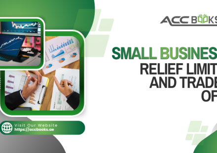 A balanced scale illustration comparing two options for small businesses under UAE Corporate Tax. On the left side of the scale, a golden badge reads "Small Business Relief – Revenue Under AED 3 Million," with icons representing simplified compliance and reduced administrative burden. On the right side, a heavier weight labeled "Lost Deductions & Carry-Forward Benefits" represents the trade-offs of electing relief. A business owner stands beside the scale, reviewing a checklist titled "Eligibility Criteria," while a bar chart in the background shows revenue thresholds with a clear marker at AED 3 million. The UAE flag and FTA emblem appear subtly in the background, emphasizing the regulatory context of Relief Limits.
