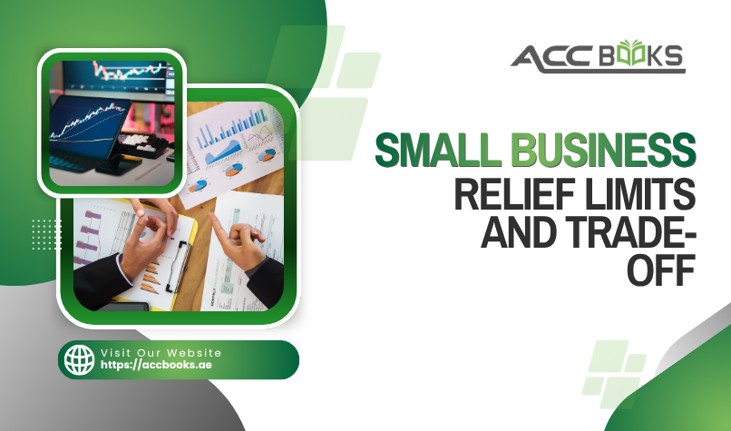 A balanced scale illustration comparing two options for small businesses under UAE Corporate Tax. On the left side of the scale, a golden badge reads "Small Business Relief – Revenue Under AED 3 Million," with icons representing simplified compliance and reduced administrative burden. On the right side, a heavier weight labeled "Lost Deductions & Carry-Forward Benefits" represents the trade-offs of electing relief. A business owner stands beside the scale, reviewing a checklist titled "Eligibility Criteria," while a bar chart in the background shows revenue thresholds with a clear marker at AED 3 million. The UAE flag and FTA emblem appear subtly in the background, emphasizing the regulatory context of Relief Limits.