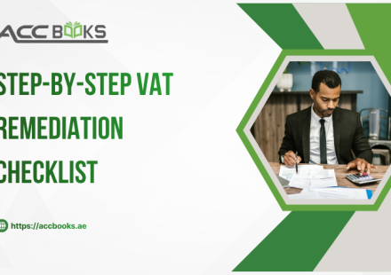 A clean, professional flat-lay illustration of a clipboard holding a detailed "VAT Remediation Checklist" with numbered steps and checkboxes, several of which are marked with green ticks. Beside the clipboard, a calculator, a stack of invoices, a magnifying glass resting on a financial report, and a laptop displaying the FTA EmaraTax portal with a "Voluntary Disclosure" form open. A red pen circles the phrase "Correct Errors & Disclose" at the top of the checklist. In the corner, a small calendar highlights a compliance deadline. The UAE flag and FTA emblem appear subtly in the background, reinforcing the regulatory context of VAT Remediation under UAE tax law.