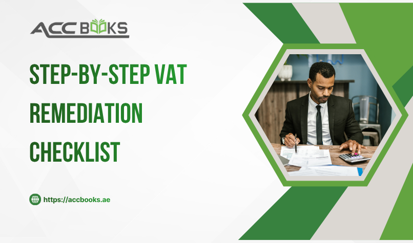 A clean, professional flat-lay illustration of a clipboard holding a detailed "VAT Remediation Checklist" with numbered steps and checkboxes, several of which are marked with green ticks. Beside the clipboard, a calculator, a stack of invoices, a magnifying glass resting on a financial report, and a laptop displaying the FTA EmaraTax portal with a "Voluntary Disclosure" form open. A red pen circles the phrase "Correct Errors & Disclose" at the top of the checklist. In the corner, a small calendar highlights a compliance deadline. The UAE flag and FTA emblem appear subtly in the background, reinforcing the regulatory context of VAT Remediation under UAE tax law.