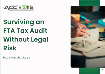 A composed business professional seated at a conference table across from two FTA officials, who are reviewing a stack of financial documents and digital records on a tablet. A large magnifying glass hovers above the table, symbolizing the scrutiny of a Tax Audit