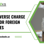 A clear infographic-style illustration showing a foreign supplier on the left side, depicted with a globe and international invoice icon, and a UAE-based business on the right side, represented by a modern office building with a UAE flag. A prominent curved arrow labeled "Reverse Charge Rule" loops back from the UAE business to the FTA, symbolizing the shift of VAT liability from the foreign supplier to the local buyer. A digital invoice on the screen highlights key fields including "VAT Amount Self-Assessed," "EmaraTax Entry," and "Input Tax Credit Claim." A magnifying glass zooms in on the transaction pathway, emphasizing compliance scrutiny. The background features a subtle map of international trade routes, reinforcing the cross-border nature of foreign invoices under the Reverse Charge Rule.