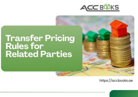 A detailed corporate illustration showing two connected office buildings labeled "Parent Company" and "Subsidiary," with a two-way arrow between them representing intercompany transactions of goods, services, and intangible assets. A magnifying glass hovers over the transaction pathway, examining a document titled "Arm's Length Price," while a balance scale beside it symbolizes fairness in transfer Pricing Rules. A compliance officer reviews a checklist of documentation requirements, including "Master File," "Local File," and "Benchmarking Study." The UAE flag and FTA emblem appear in the background, reinforcing the regulatory framework governing related-party transactions under UAE Corporate Tax Law.