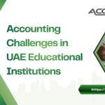 A detailed illustration set in a modern UAE university office, showing a finance administrator reviewing a complex spreadsheet on a laptop while a stack of tuition fee invoices, payroll records, and grant documentation sits on the desk. A whiteboard behind them displays a pie chart breaking down revenue sources, a bar graph showing rising operational costs, and a checklist labeled "FTA Compliance – VAT & Corporate Tax." A graduation cap rests on a corner of the desk, symbolizing the education sector. A magnifying glass hovers over a line item marked "Donations & Endowments," highlighting the unique Accounting Challenges in UAE educational institutions face when balancing academic missions with stringent regulatory requirements.