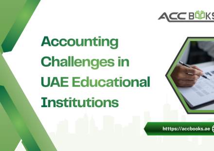 A detailed illustration set in a modern UAE university office, showing a finance administrator reviewing a complex spreadsheet on a laptop while a stack of tuition fee invoices, payroll records, and grant documentation sits on the desk. A whiteboard behind them displays a pie chart breaking down revenue sources, a bar graph showing rising operational costs, and a checklist labeled "FTA Compliance – VAT & Corporate Tax." A graduation cap rests on a corner of the desk, symbolizing the education sector. A magnifying glass hovers over a line item marked "Donations & Endowments," highlighting the unique Accounting Challenges in UAE educational institutions face when balancing academic missions with stringent regulatory requirements.