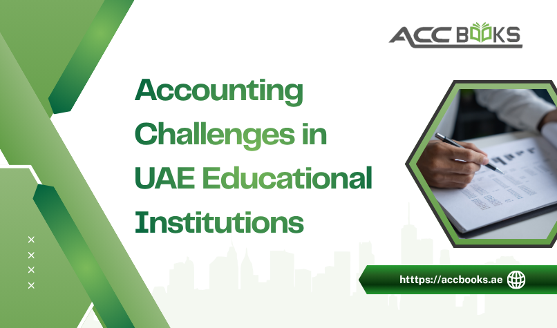 A detailed illustration set in a modern UAE university office, showing a finance administrator reviewing a complex spreadsheet on a laptop while a stack of tuition fee invoices, payroll records, and grant documentation sits on the desk. A whiteboard behind them displays a pie chart breaking down revenue sources, a bar graph showing rising operational costs, and a checklist labeled "FTA Compliance – VAT & Corporate Tax." A graduation cap rests on a corner of the desk, symbolizing the education sector. A magnifying glass hovers over a line item marked "Donations & Endowments," highlighting the unique Accounting Challenges in UAE educational institutions face when balancing academic missions with stringent regulatory requirements.