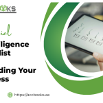 A professional financial analyst reviewing a detailed Due Diligence Checklist on a clipboard, with items such as "Financial Statements," "Tax Compliance," "Cash Flow Analysis," and "Liabilities" marked with green checkmarks. Beside the clipboard, a laptop displays spreadsheets with profit and loss statements, a calculator, and a magnifying glass resting on a stack of audited financial reports. In the background, a business executive looks toward an upward-trending growth chart on a wall screen, symbolizing expansion readiness. The UAE skyline is visible through the office window, reinforcing the local business context.