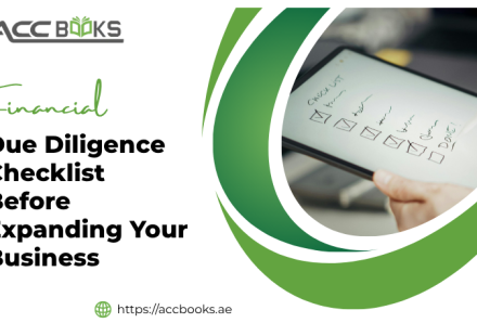 A professional financial analyst reviewing a detailed Due Diligence Checklist on a clipboard, with items such as "Financial Statements," "Tax Compliance," "Cash Flow Analysis," and "Liabilities" marked with green checkmarks. Beside the clipboard, a laptop displays spreadsheets with profit and loss statements, a calculator, and a magnifying glass resting on a stack of audited financial reports. In the background, a business executive looks toward an upward-trending growth chart on a wall screen, symbolizing expansion readiness. The UAE skyline is visible through the office window, reinforcing the local business context.