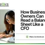 A business owner sitting at a polished conference table, studying a large printed balance sheet with a magnifying glass in hand. An experienced CFO leans over, pointing to key sections of the document—assets, liabilities, and equity—while explaining the relationships between them. A laptop beside them displays a digital version of the same balance sheet with color-coded charts and financial ratios. A notebook on the table contains handwritten notes with the heading "Reading a Balance Sheet Like a CFO," alongside key terms such as "Current Ratio," "Debt-to-Equity," and "Working Capital." The modern office background with floor-to-ceiling windows and a city skyline reinforces the professional, strategic context of financial leadership.