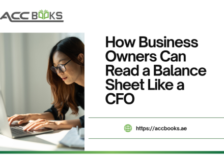A business owner sitting at a polished conference table, studying a large printed balance sheet with a magnifying glass in hand. An experienced CFO leans over, pointing to key sections of the document—assets, liabilities, and equity—while explaining the relationships between them. A laptop beside them displays a digital version of the same balance sheet with color-coded charts and financial ratios. A notebook on the table contains handwritten notes with the heading "Reading a Balance Sheet Like a CFO," alongside key terms such as "Current Ratio," "Debt-to-Equity," and "Working Capital." The modern office background with floor-to-ceiling windows and a city skyline reinforces the professional, strategic context of financial leadership.
