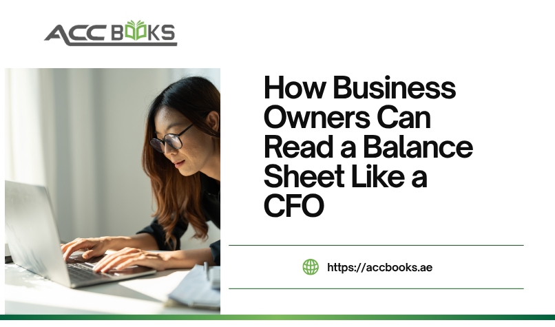 A business owner sitting at a polished conference table, studying a large printed balance sheet with a magnifying glass in hand. An experienced CFO leans over, pointing to key sections of the document—assets, liabilities, and equity—while explaining the relationships between them. A laptop beside them displays a digital version of the same balance sheet with color-coded charts and financial ratios. A notebook on the table contains handwritten notes with the heading "Reading a Balance Sheet Like a CFO," alongside key terms such as "Current Ratio," "Debt-to-Equity," and "Working Capital." The modern office background with floor-to-ceiling windows and a city skyline reinforces the professional, strategic context of financial leadership.