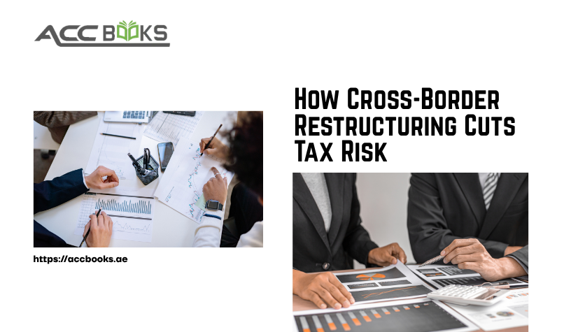 A sophisticated illustration showing a world map with multiple corporate entities represented as interconnected nodes across different countries, including the UAE, Europe, and Asia. Glowing arrows and restructuring pathways flow between the entities, symbolizing the realignment of group structures. A large shield icon labeled "Tax Risk Reduction" sits at the center of the network, while a team of international tax advisors reviews a document titled "Cross-Border Restructuring Plan." Key elements such as merger icons, holding company structures, and transfer pricing documentation are depicted along the pathways. The UAE flag appears prominently, highlighting the country's strategic role as a holding company jurisdiction in Cross-Border Restructuring strategies.
