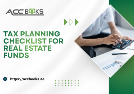 Tax planning checklist for real estate funds showing key steps like VAT registration, Corporate Tax compliance, transfer pricing, and reporting deadlines