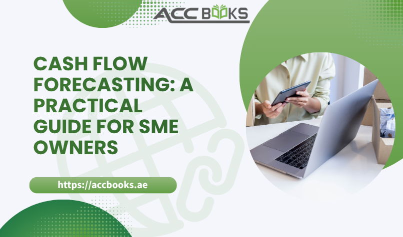 SME owner reviewing a cash flow forecast chart with income and expense projections to manage business finances effectively