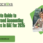 Outsourced accounting services in the UAE illustrated with a team of accountants reviewing financial reports, cloud bookkeeping software, and VAT compliance documents