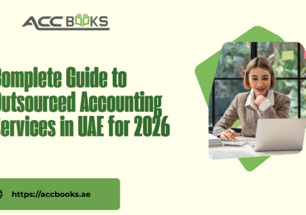 Outsourced accounting services in the UAE illustrated with a team of accountants reviewing financial reports, cloud bookkeeping software, and VAT compliance documents
