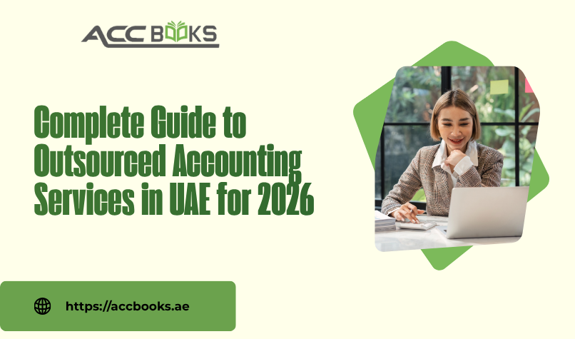 Outsourced accounting services in the UAE illustrated with a team of accountants reviewing financial reports, cloud bookkeeping software, and VAT compliance documents