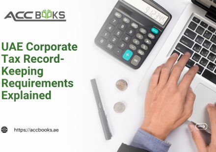 Organized tax record files and digital documents illustrating UAE Corporate Tax record-keeping requirements, including retention periods and compliance documentation