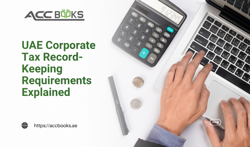 Organized tax record files and digital documents illustrating UAE Corporate Tax record-keeping requirements, including retention periods and compliance documentation