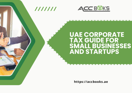 UAE Corporate Tax Guide illustration showing small business owners and startups reviewing tax registration, compliance deadlines, and filing requirements