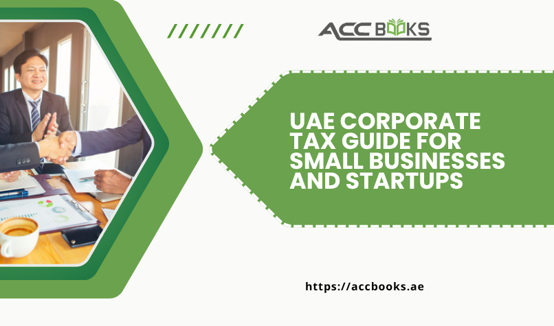 UAE Corporate Tax Guide illustration showing small business owners and startups reviewing tax registration, compliance deadlines, and filing requirements