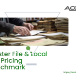 A professional illustration of two thick, bound documentation folders placed side by side on a polished desk—one labeled "Master File" and the other "Local File"—with a magnifying glass resting over a comparative chart that displays a Pricing Benchmark analysis, including bar graphs, percentage ranges, and an "Arm's Length Range" band highlighted in green. Behind the folders, a laptop screen shows a multinational group structure with interconnected entities across different countries, while a calculator and a stack of intercompany invoices sit nearby. A UAE flag and FTA document are subtly placed in the background, reinforcing the transfer pricing documentation requirements under UAE Corporate Tax law.