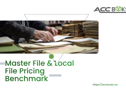 A professional illustration of two thick, bound documentation folders placed side by side on a polished desk—one labeled "Master File" and the other "Local File"—with a magnifying glass resting over a comparative chart that displays a Pricing Benchmark analysis, including bar graphs, percentage ranges, and an "Arm's Length Range" band highlighted in green. Behind the folders, a laptop screen shows a multinational group structure with interconnected entities across different countries, while a calculator and a stack of intercompany invoices sit nearby. A UAE flag and FTA document are subtly placed in the background, reinforcing the transfer pricing documentation requirements under UAE Corporate Tax law.