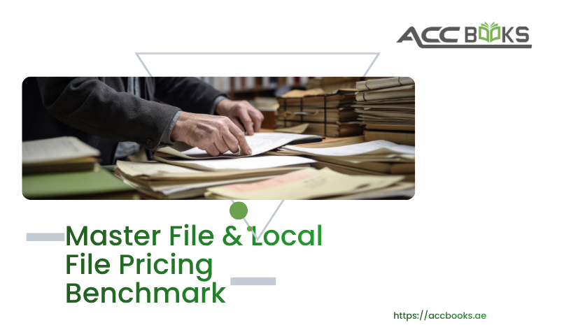 A professional illustration of two thick, bound documentation folders placed side by side on a polished desk—one labeled "Master File" and the other "Local File"—with a magnifying glass resting over a comparative chart that displays a Pricing Benchmark analysis, including bar graphs, percentage ranges, and an "Arm's Length Range" band highlighted in green. Behind the folders, a laptop screen shows a multinational group structure with interconnected entities across different countries, while a calculator and a stack of intercompany invoices sit nearby. A UAE flag and FTA document are subtly placed in the background, reinforcing the transfer pricing documentation requirements under UAE Corporate Tax law.